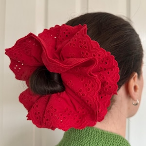 Oversized Red Frilly Scrunchie French Lace Frill  Scrunchies Double Layer Hair Accessories XXL Large Hair Broderie Anglaise Gift For Her