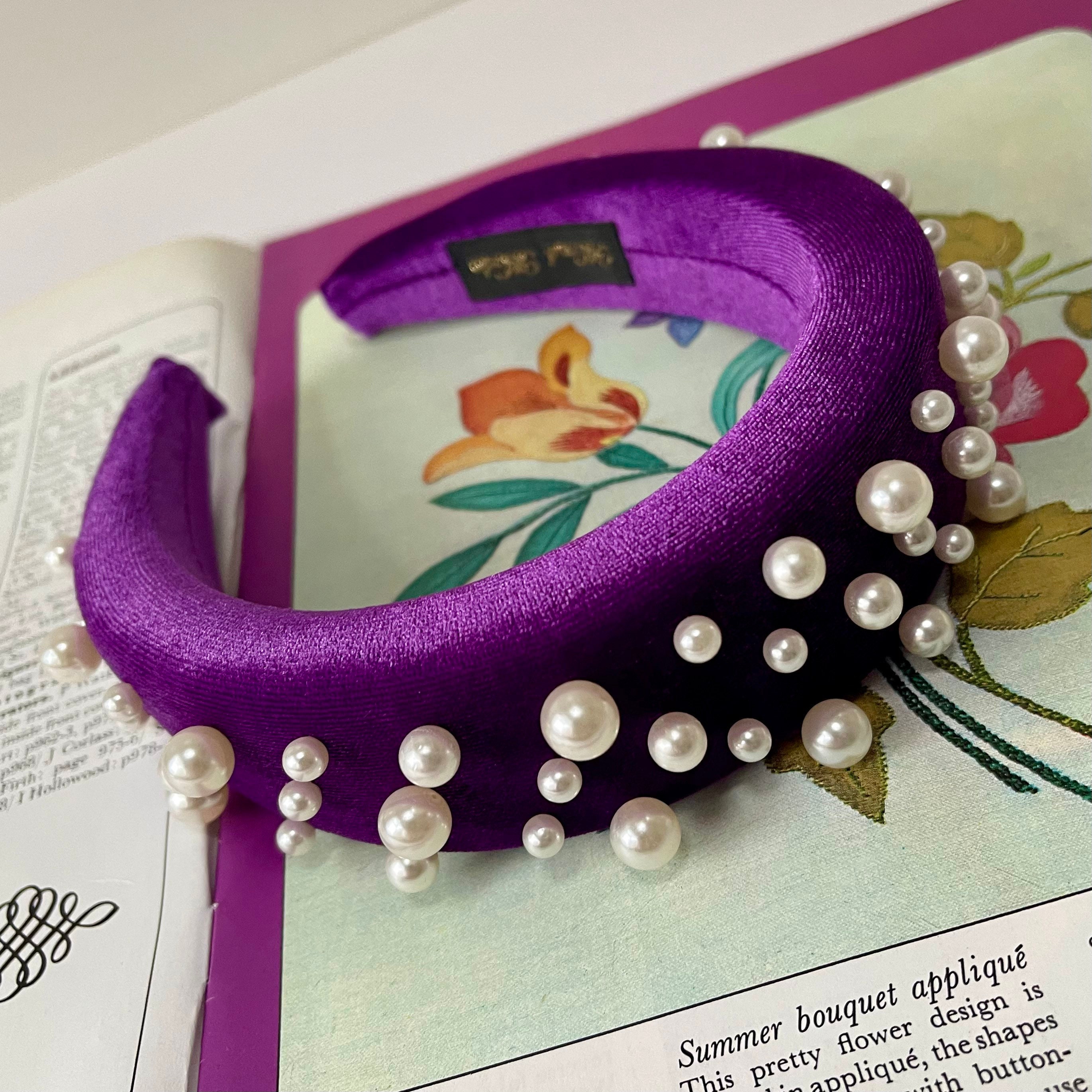 Velvet Pearl Padded Headband Purple Oversized Assorted Pearls Hairband Wedding Bridesmaid Fascinator Hair Accessories | The Matisse