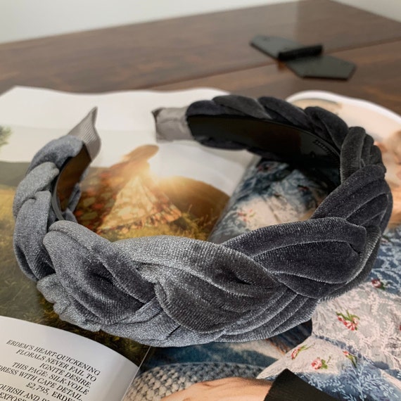 The Cezanne Chunky Velvet Braid Headband In Silver Grey Gray Hair Accessories Braided Plait Plaited Hairband Bridal Bridesmaid