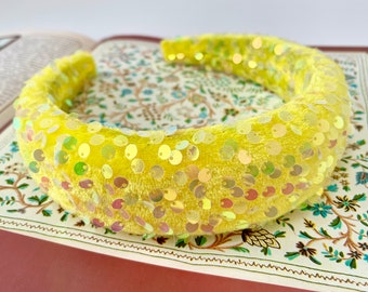 Sequin Velvet Headband Neon Yellow Chunky Voluminous Hairband Bridal Wedding Bridesmaid Fascinator Hair Accessories (The Monet)