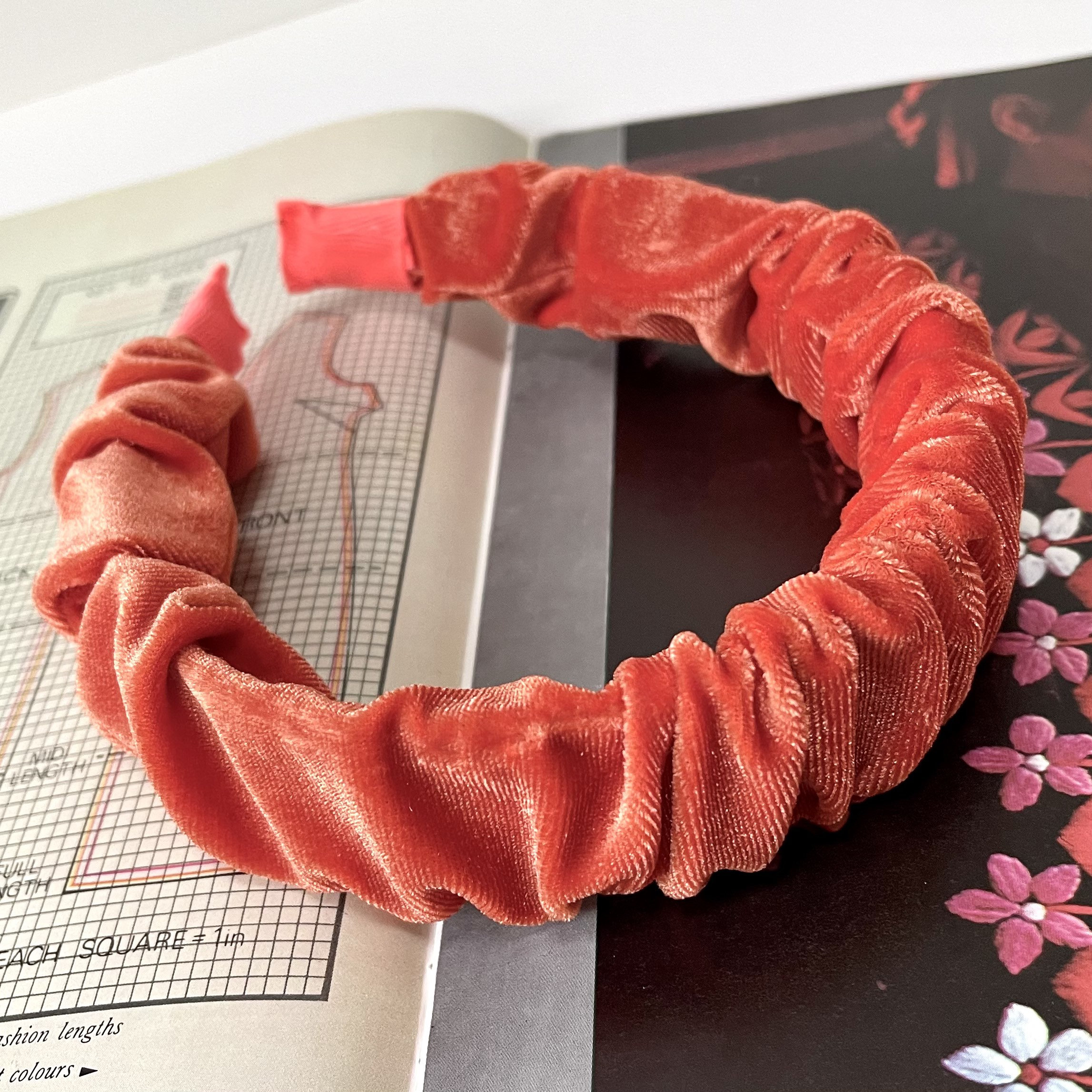 Velvet Scrunchie Headband Coral Pink Chunky Ruched Ruffle Hairband Bridal Bridesmaid Hair Accessories Fascinator Wedding | The Rothko