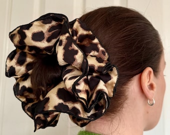 Oversized Leopard Print Frilly Scrunchie Satin Silky Cheetah Frill  Scrunchies Double Layer Trim Hair Accessories XXL Large Hair Gift Her