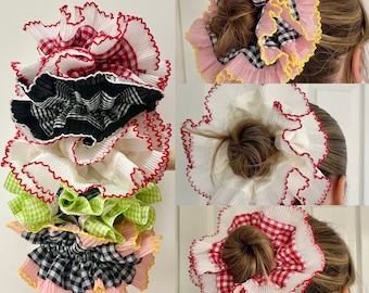 Oversized frilly gingham scrunchie Franse kant franje geplooide scrunchies rood roze zwart dubbellaags haaraccessoires XXL groot haar gecontroleerd