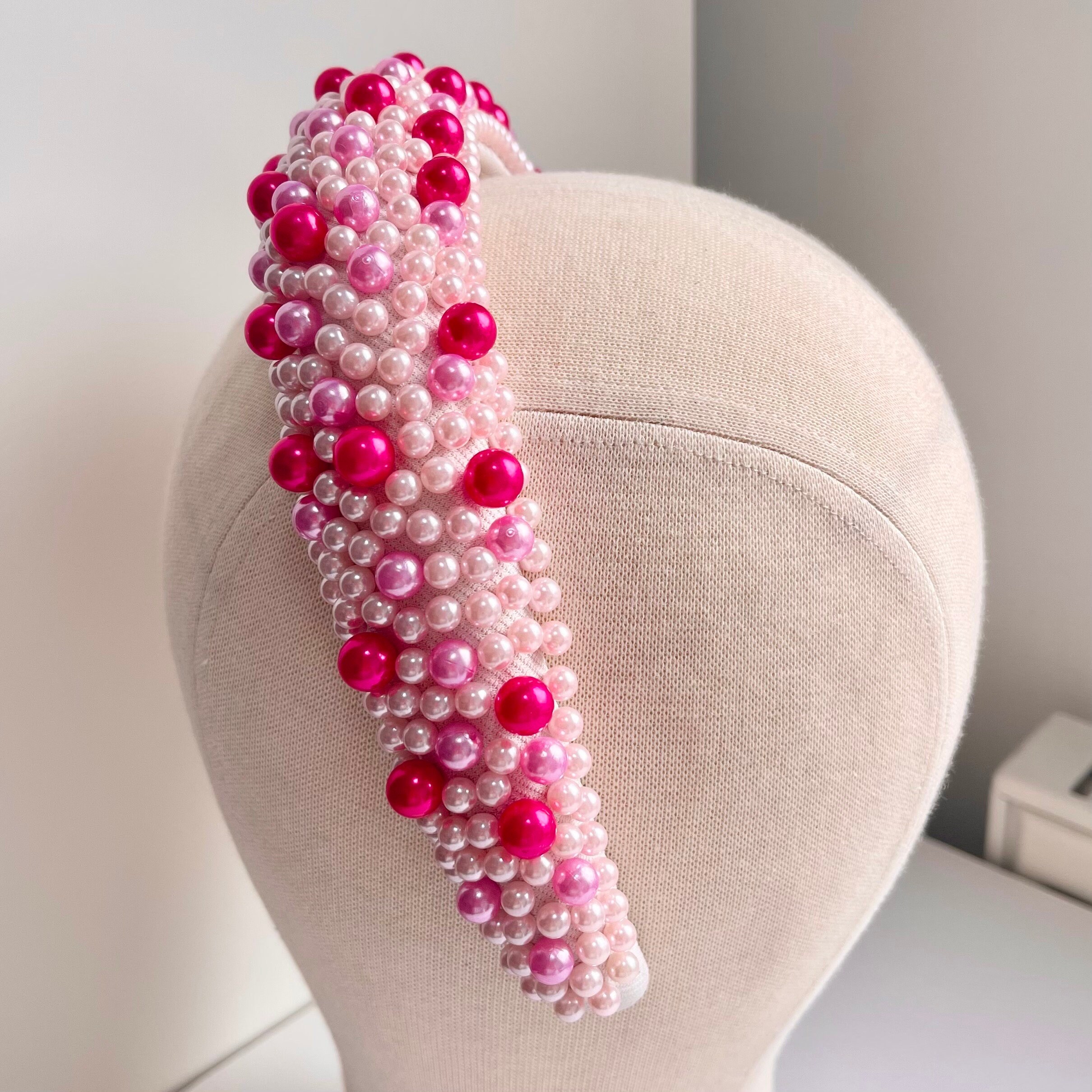 Pearl Headband Pink Chunky Padded Assorted Pearls Hairband  display picture 2