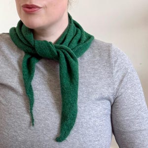 May include: A deep green scarf, knotted at the neck, is the focal point. The scarf, made of a soft, knitted material, has its ends hanging down. The person is wearing a grey long-sleeved top. The scarf's colour is a rich, solid green, adding a pop of colour.
