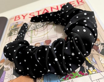 Black Polka Dot Scrunchie Headband Silk Ruched Ruffle Hairband Spot Dottie Spottie Bridal Bridesmaid Hair Accessories Hairband (The Rothko)
