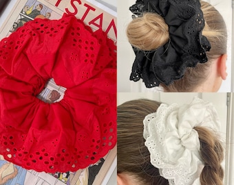 Broderie Anglaise de gran tamaño Scrunchie blanco negro rojo encaje francés Frill Scrunchies hechos a mano accesorios para el cabello de doble capa XXL corbata grande