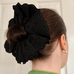 Oversized Black Frilly Scrunchie French Lace Frill  Scrunchies Double Layer Hair Accessories XXL Large Hair Broderie Anglaise Gift Her