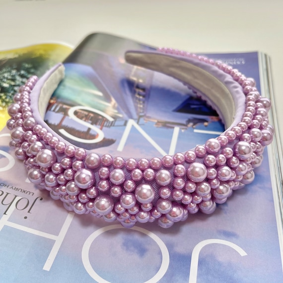 Pearl Headband Lilac Purple Chunky Padded Assorted Pearls  display picture 2