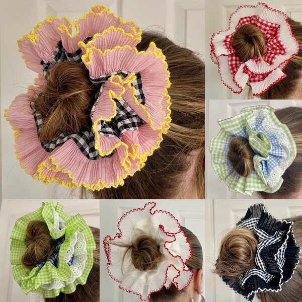 Übergroßes Frilly Gingham Scrunchie, französische Spitze, Rüschen, plissierte Haargummis, Rot, Rosa, Schwarz, doppellagiges Haar-Accessoire, XXL, großes Haar, kariert