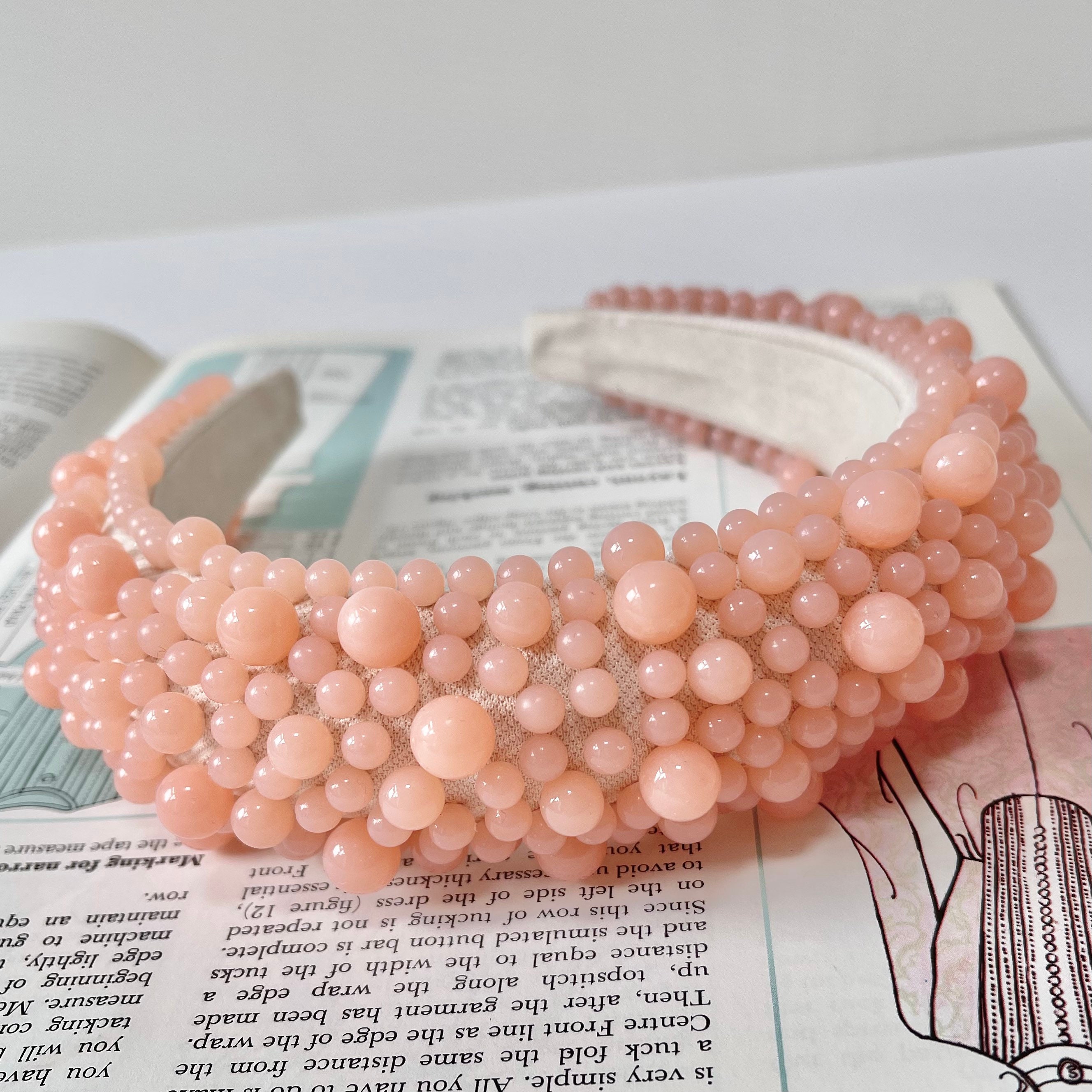 Pearl Headband Pastel Coral Pink Chunky Padded Assorted Pearls Hairband Bridal Hair Accessories Wedding Bridesmaid Fascinator | The Greco