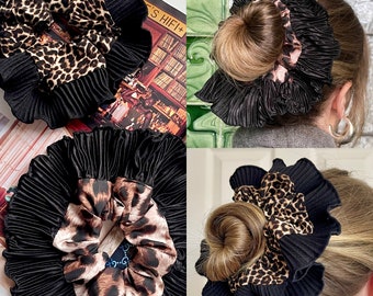 Übergroße Leopard Print Scrunchie Rüschen Rüschen Saum Spitze Scrunchies Haarschmuck XXL Große Haarschleife Rüschen Seide Seidiger Satin Gepard