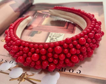Pearl Headband Cherry Red Chunky Padded Assorted Pearls Hairband Bridal Hair Accessories Wedding Fascinator Christmas (The Greco)