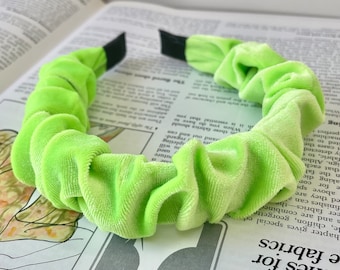 Velvet Scrunchie Headband Neon Green Chunky Ruched Ruffle Hairband Bridal Bridesmaid Hair Accessories Fascinator Wedding (The Rothko)