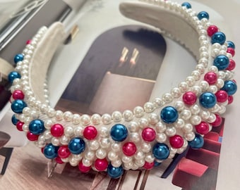 Pearl Headband Red White & Blue Chunky Padded Assorted Pearls Hairband Bridal Hair Accessories Wedding Bridesmaid Fascinator (The Greco)