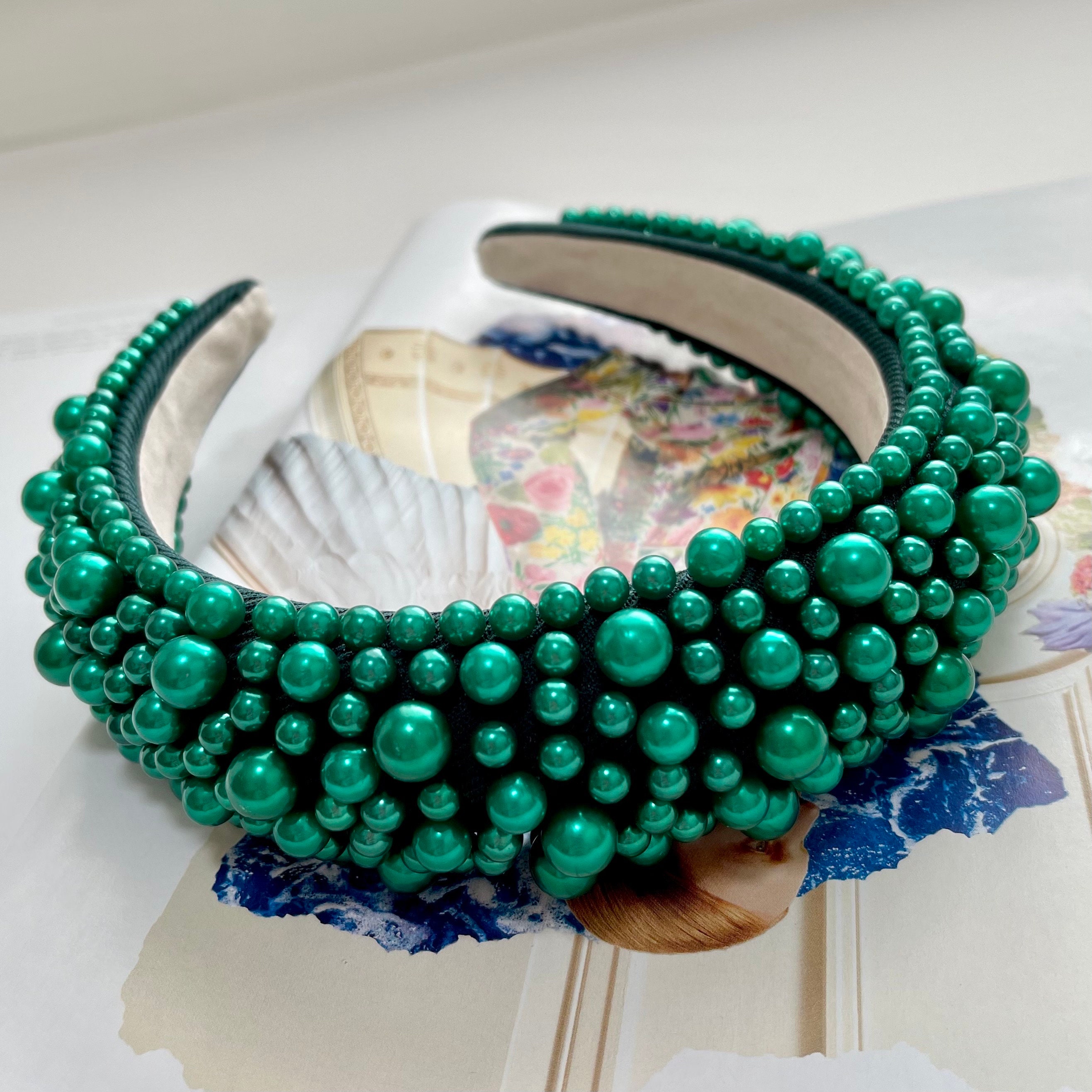 New ✨ Luxe Emerald Green Faux Pearl Beaded Boutique Statement Headband Emerald Headband Bridal Headpiece Green Tiara Beaded  main image 2