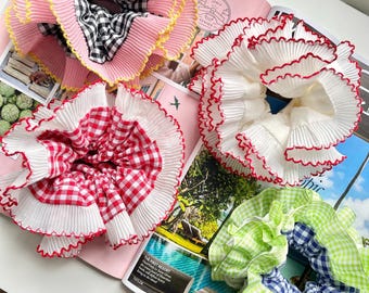 【OVERDUEFLAIR】[scrunchie set]ruffle trimming ops Oversized Frilly Gingham Scrunchie French Lace Frill Pleated