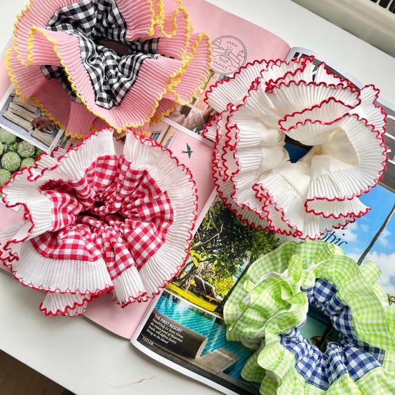 Oversized Frilly Gingham Scrunchie French Lace Frill Pleated Scrunchies Red Pink Green Double Layer Hair Accessories XXL Large Hair Checked