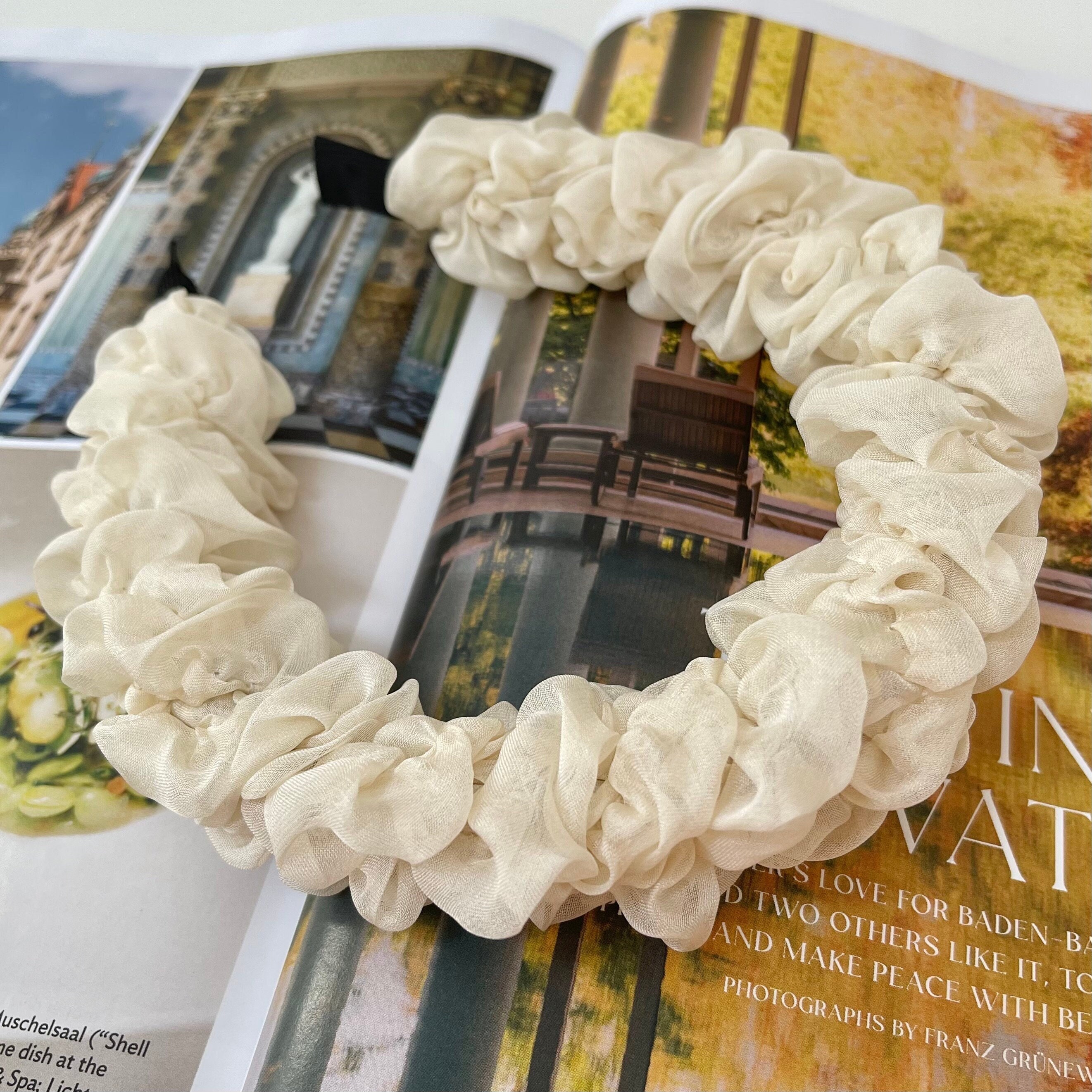 Organza Scrunchie Headband Cream Chunky Ruched Ruffle Hairband Bridal Bridesmaid Hair Accessories Fascinator Wedding | The Rothko