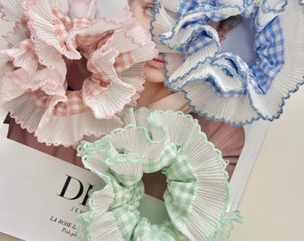 Pastel de gran tamaño Frilly Gingham Scrunchie encaje francés volante plisado Scrunchies rosa azul doble capa accesorios para el cabello XL pelo grande a cuadros