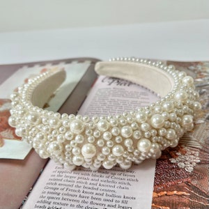 Pearl Headband White Chunky Padded Assorted Pearls Hairband Bridal Hair Accessories Wedding Bridesmaid Fascinator (The Greco)