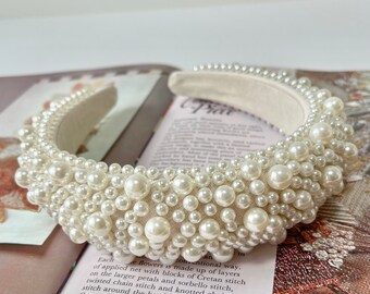 Pearl Headband White Chunky Padded Assorted Pearls Hairband Bridal Hair Accessories Wedding Bridesmaid Fascinator (The Greco)