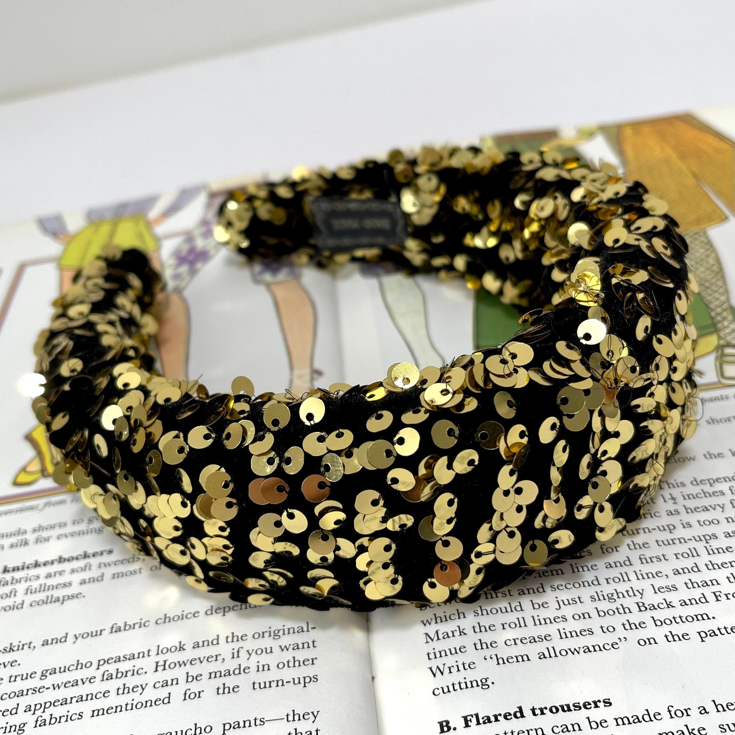Sequin Velvet Headband Gold & Black Chunky Voluminous Hairband Bridal Wedding Bridesmaid Fascinator Hair Accessories | The Monet