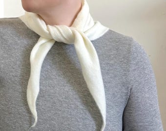 Cream Triangle Knitted Scarf Neckerchief Hand Knit Soft Neck Tie Bandana Scarves Gift For Her Monochrome