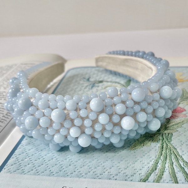 Pearl Headband Pastel Baby Blue Chunky Padded Assorted Pearls Hairband Bridal Hair Accessories Wedding Bridesmaid Fascinator (The Greco)