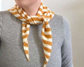 Mustard Stripe Triangle Knitted Scarf Neckerchief Hand Knit Soft Neck Tie Bandana Scarves Gift For Her