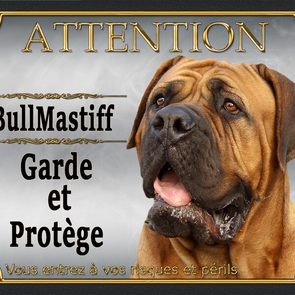 Plaque Attention Chien bullmastiff garde et protège métal Aluminium 15 cm x 20 cm bullmastiff monte la garde modèle argent1