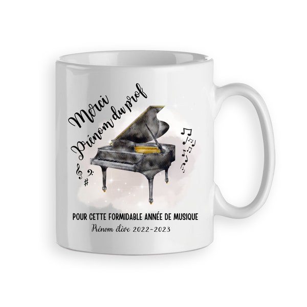 mug tasse cadeau merci professeur de piano, prof de piano, enseignant de musique, personnalisé prénom 2 faces