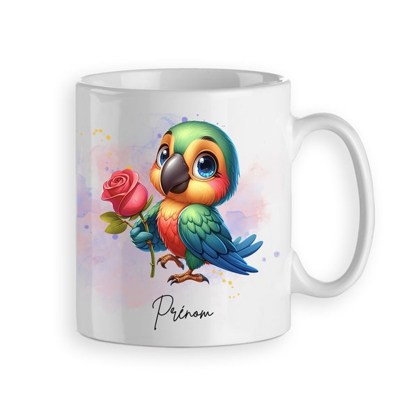 Mug tasse perroquet mignon personnalisable prénom cadeau original modèle avec rose rouge