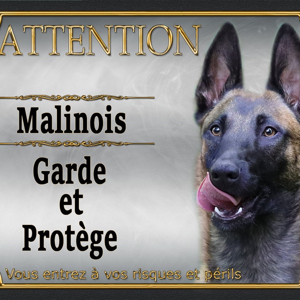 Plaque Attention Chien malinois garde et protège métal Aluminium 15 cm x 20 cm malinois monte la garde modèle argent2