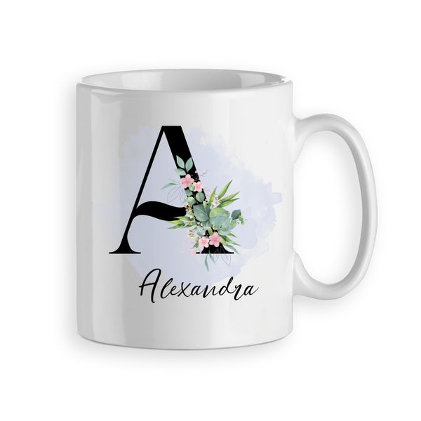 Mug tasse cadeau personnalisée avec un prénom alphabet floral pour femme, fille, amie, collègue
