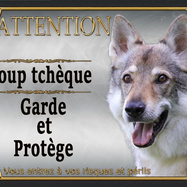 Plaque Attention Chien Loup tchèque garde et protège métal Aluminium 15 cm x 20 cm Loup tchèque monte la garde modèle argent1