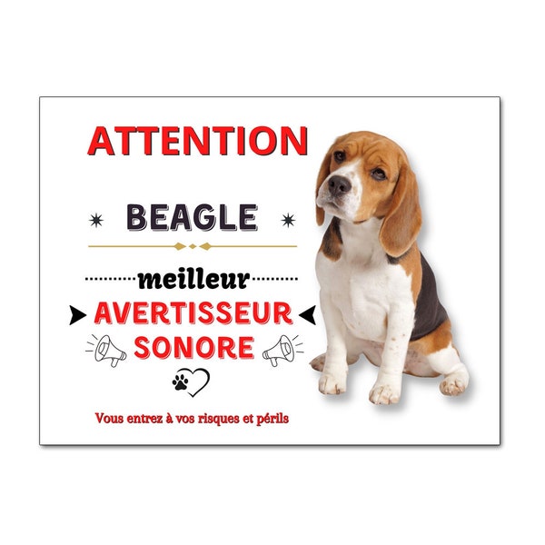 Plaque Attention Chien beagle avertisseur sonore - 15 cm x 20 cm - panneau humour chien de garde beagle