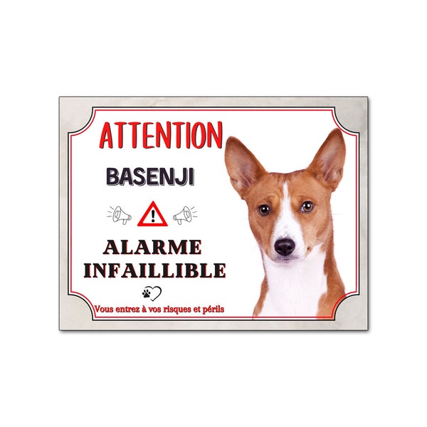 Plaque humour Attention Chien basenji alarme infaillible - 15 cm x 20 cm - panneau humoristique chien de garde basenji