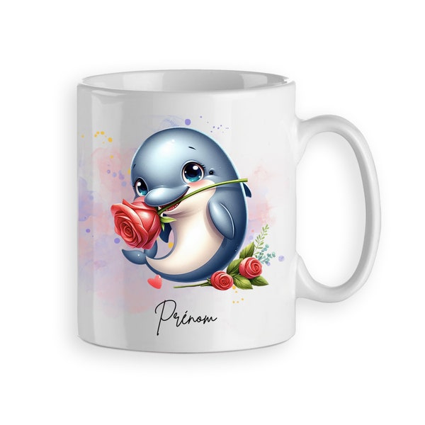 Mug tasse dauphin mignon personnalisable prénom cadeau original modèle avec rose