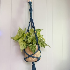 Navy Blue and Gold Plant Hanger With Tassel, Macrame Wall Hanging, Hemp Hanging Plant Holder, Indoor & Outdoor, Plant Lovers Gifts