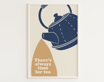 PRINTABLE Tea Art | Time for Tea Print | Blue Kitchen Prints | Teapot Print | Retro Tea Poster | Tea Lover Gift | Mid Century Posters | Blue