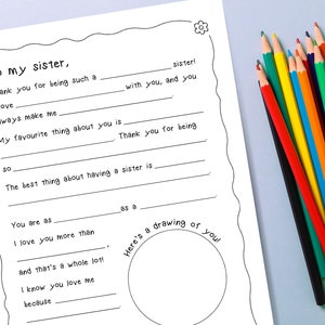 Druckbare Brief an meine Schwester | Fill in the Blanks | Kinderarbeitsblatt | Schreibübungen | Geschenk für Schwester | Druckbare Karte