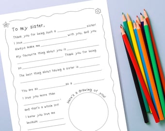 Printable Letter to my Sister | Fill in the Blanks | Kids' Activity Sheet | Writing Practice | Gift for Sister | Printable Card