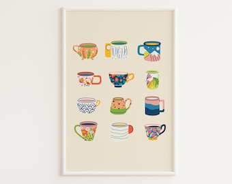 PRINTABLE Tea/Coffee Print | Coffee Mug Art | Teacup Print | Retro Tea Poster | Coffee Poster | Tea Art | Kitchen Print | Mid Century Poster