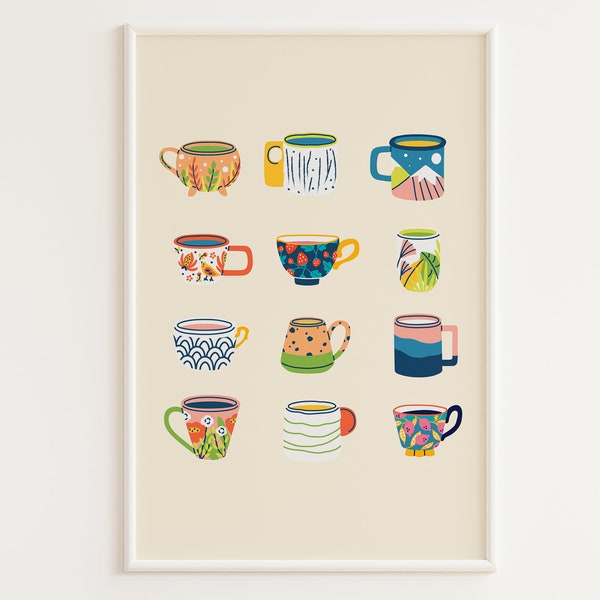 PRINTABLE Tea/Coffee Print | Coffee Mug Art | Teacup Print | Retro Tea Poster | Coffee Poster | Tea Art | Kitchen Print | Mid Century Poster