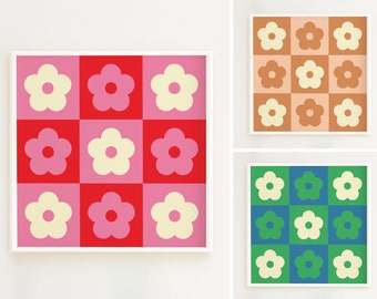 Retro Flowers Print | Mid-Century Modern Art | Retro Wall Art | 70s Prints | 60s Wall Decor | Retro Pink & Red Art | Retro Scandi | Vintage