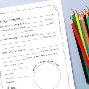 Druckvorlage Brief an den Lehrer | Fill in the Blanks | Kinderarbeitsblatt | Last Minute | Danke Geschenk für Lehrer