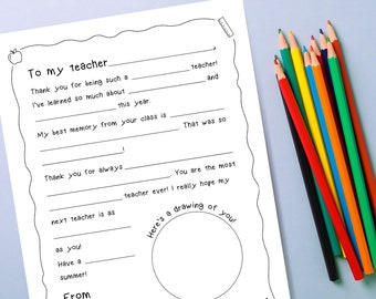 Printable Letter to Teacher | Fill in the Blanks | Kids' Activity Sheet | Last Minute | Thank You Gift for Teachers
