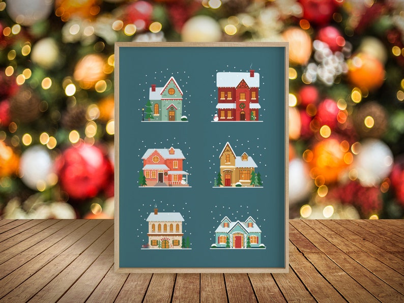 PRINTABLE Winter Print Christmas Houses Decorations Christmas Village Houses Blue Christmas Decorations Winter Printable Wall Art image 7