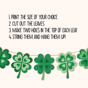 May include: Instructions for making a shamrock garland: print, cut out, make two holes, string and hang. The image shows a string of green shamrocks with white polka dots.